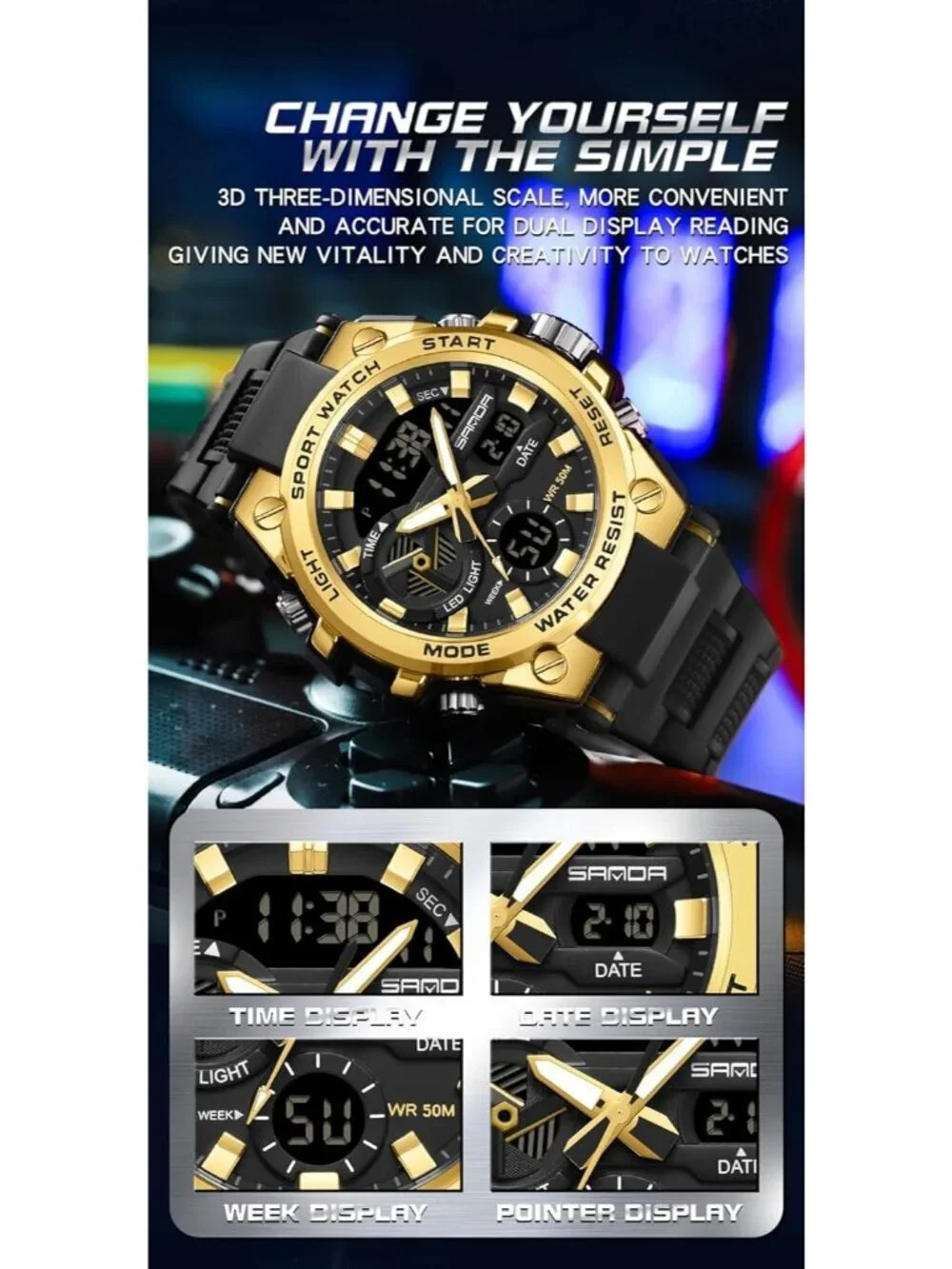Men's Gold Analog Quartz Sports Outdoor Waterproof Military LED Digital Watch